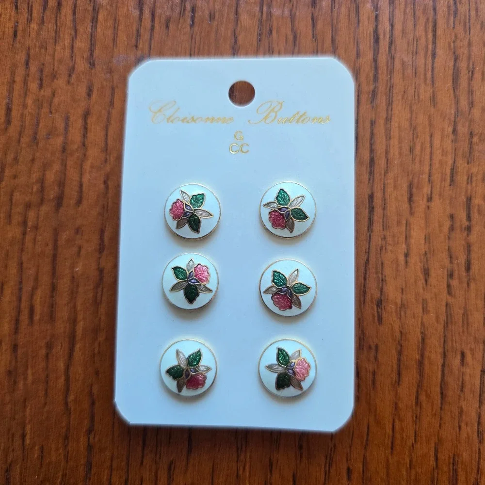 Vintage G CC Cloisonne Floral Enamel Buttons Set of 6 White Pink Green 12.2mm